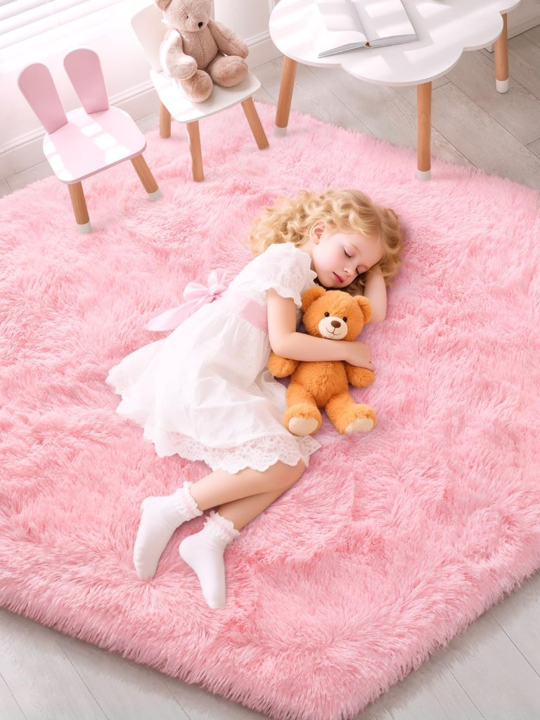 Pink Hexagon Rug For Princess Tent, Fluffy Area Rug For Kids Room, 4x4.6 Feet Fo